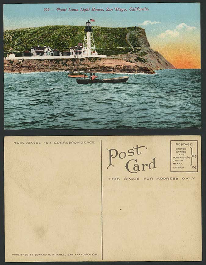 USA - Point Loma Light House Lighthouse, San Diego California Boats Old Postcard