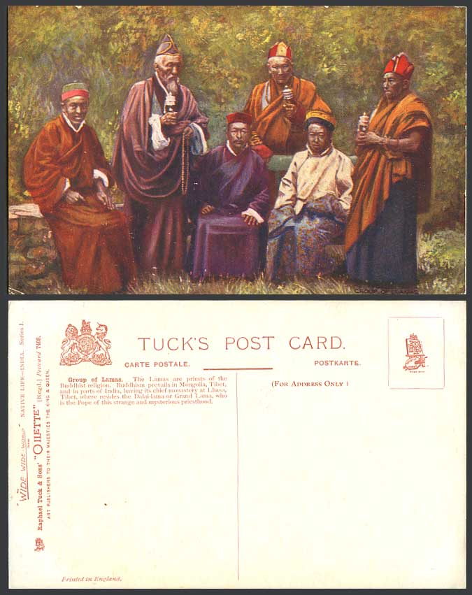 TIBET China Old Tuck's Oilette Postcard Group TIBETAN LAMAS Priests Prayer Wheel