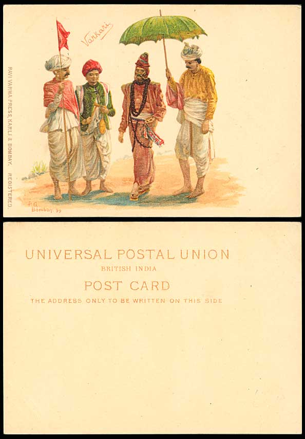 India P. Gerhardt Bombay 1899 Old UB Postcard Varkari, Hindu Pilgrim, Court Size