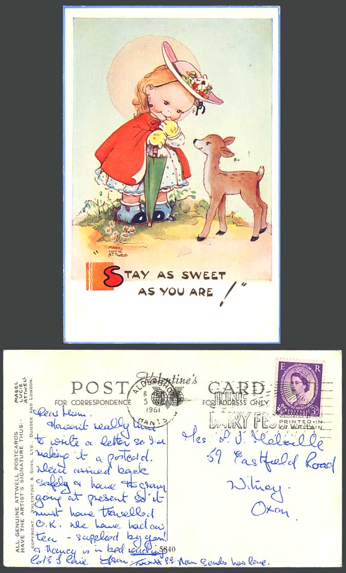 MABEL LUCIE ATTWELL 1961 Old Postcard Girl & Deer Stay as Sweet as You Are! 5840