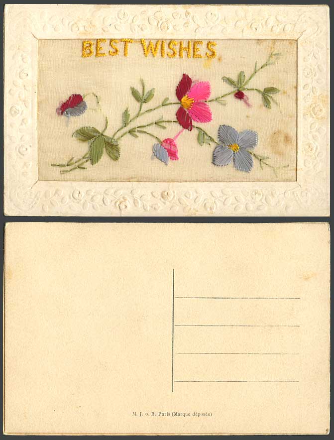 WW1 SILK Embroidered Old Postcard Best Wishes Flowers & Leaves Novelty Greetings