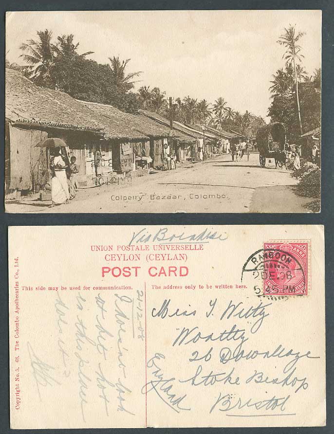 Ceylon India KE7 1a 1908 Old Postcard Colpetty Bazaar Colombo Street Scene House