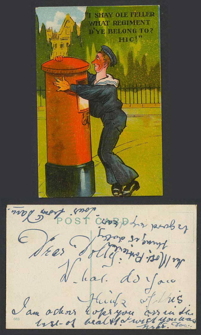 Drunk Marine Postbox I shay ole feller what regiment dy'e belong to Old Postcard