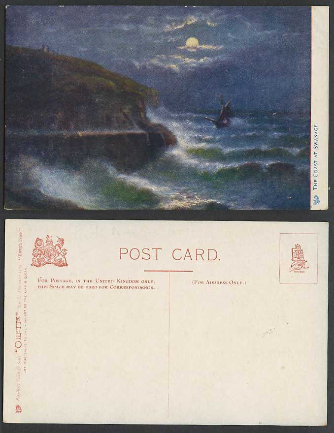 Dorset Swanage Coast Night Moon Moonlight Rough Seas Old Tuck's Oilette Postcard