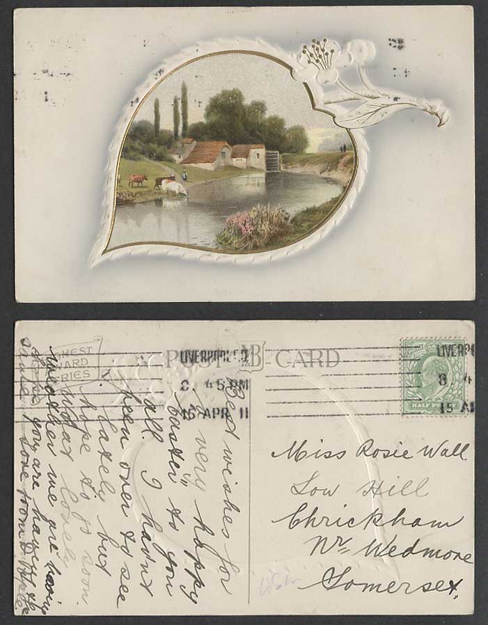 Water Wheel Cottage House Cattle Cow River Flower Artist Drawn 1911 Old Postcard