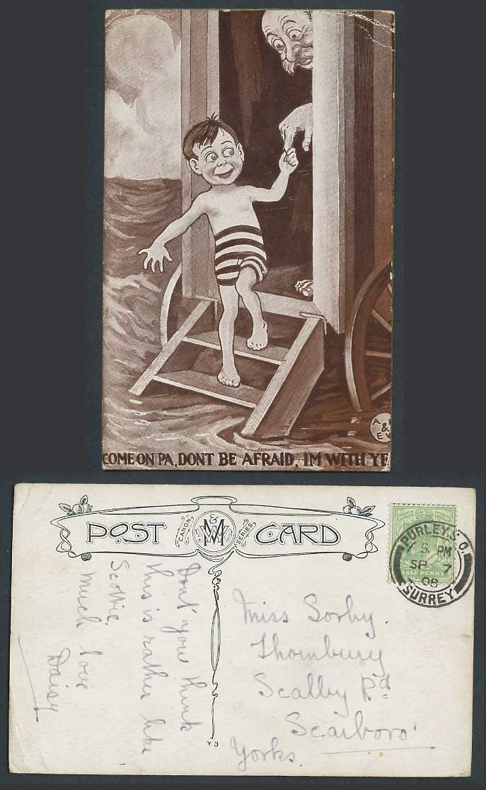 Come on Pa Don't be afraid I'm with ye Boy Bathing Machine Sea 1908 Old Postcard