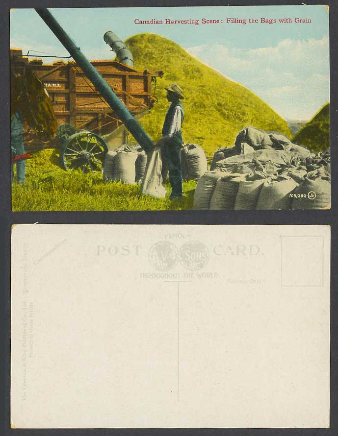 Canada Old Postcard Canadian Harvesting Scene, Filling Bags with Grain, Farmers