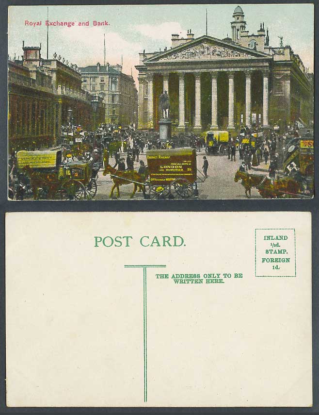 London Old Postcard Royal Exchange, Bank of England Horse Carts District Railway
