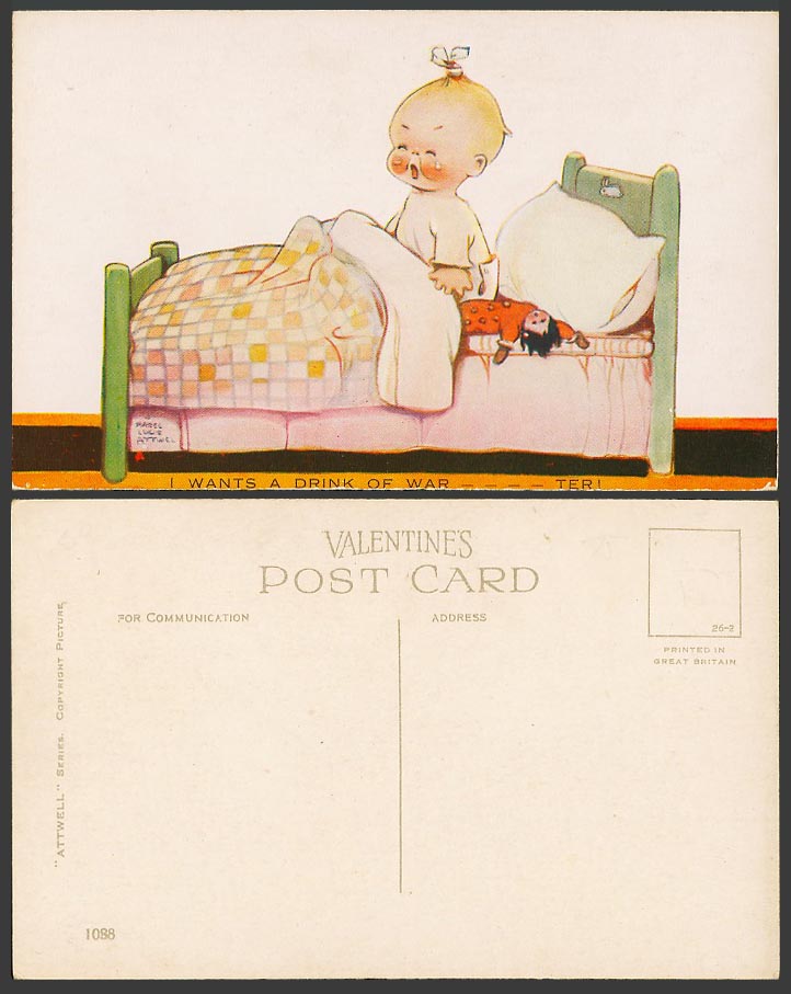 MABEL LUCIE ATTWELL Old Postcard I Wants a Drink of War Ter Water! Doll Bed 1088