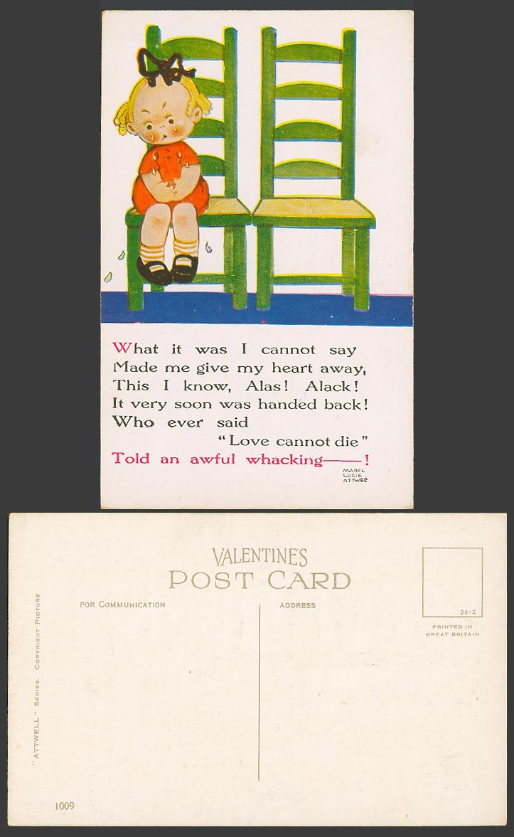 MABEL LUCIE ATTWELL Old Postcard Alack! Love Cannot Die Told Awful Whacking 1009