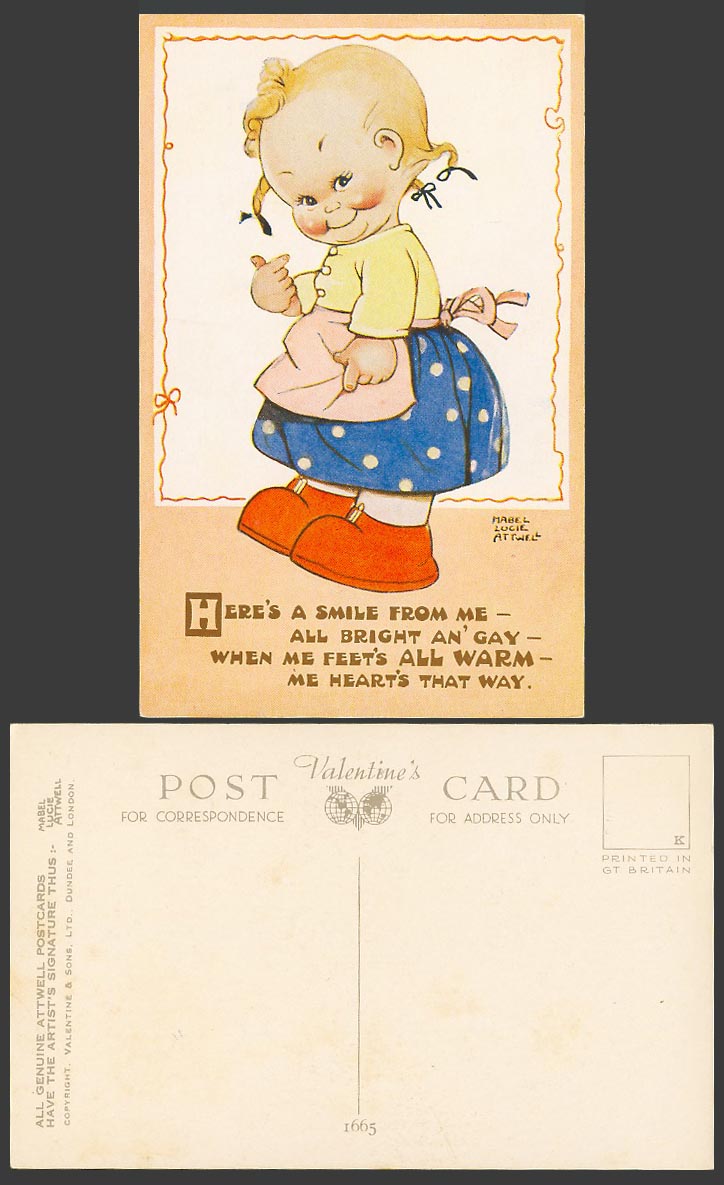 MABEL LUCIE ATTWELL Old Postcard Here's Smile from Me, Gay, Feet's All Warm 1665