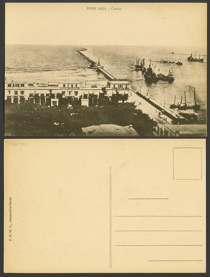 Egypt Old Postcard Port Said Casino Palace Hotel Breakwater Statue Ships & Boats