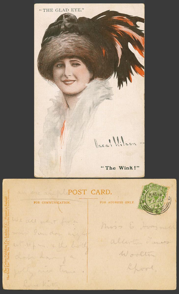 Oscar Wilson Artist Signed 1914 Old Postcard The Wink! The Glad Eye Glamour Lady