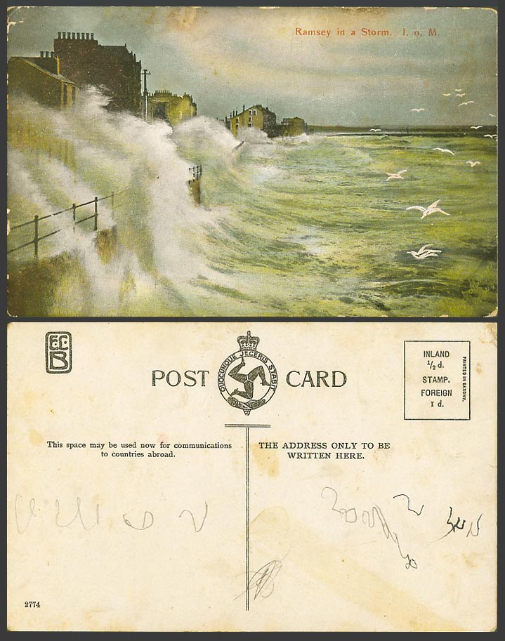 Isle of Man Old Colour Postcard Ramsey in a Storm Rough Sea Waves Seagulls Birds
