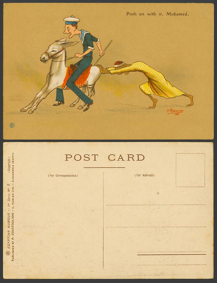 Egypt Comic V. Manavian 1916 Old Postcard Donkey Push on With It, Mohamed Seaman