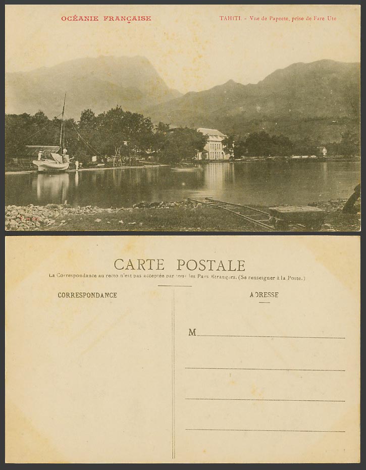 Tahiti Old Postcard View of Papeete Pape'ete from Fare Ute 'Ute, Boat, Panorama