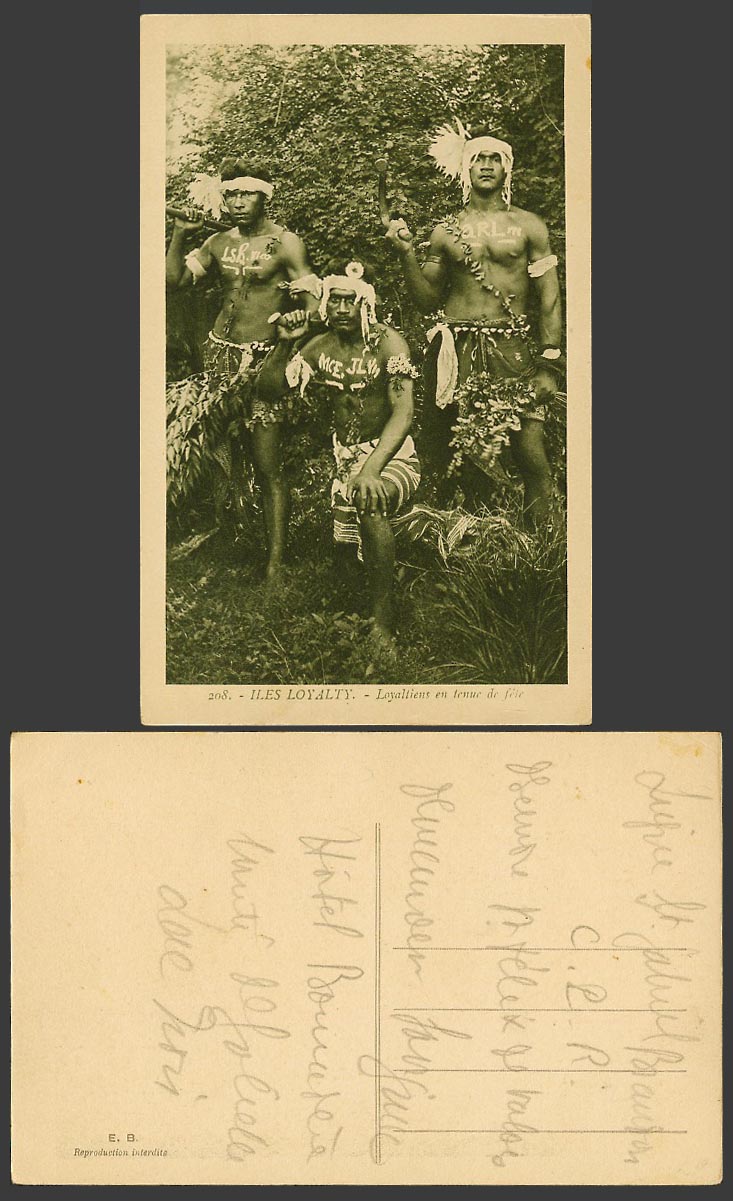 New Caledonia Old Postcard Loyalty Islands 3 Native Warriors in Festival Outfits