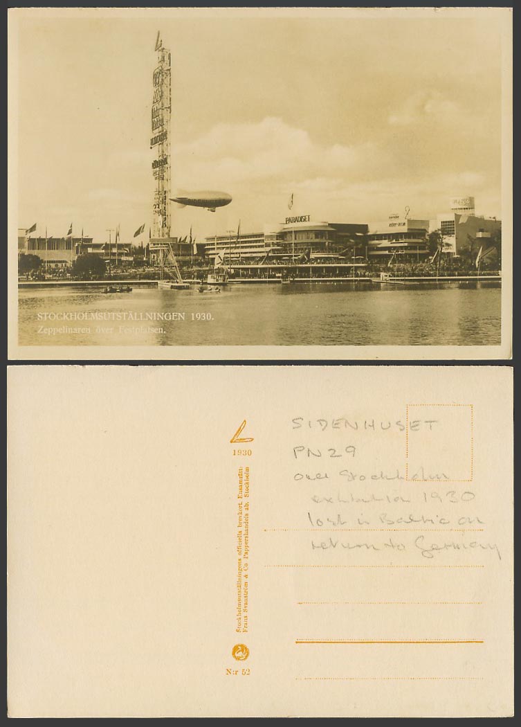Zeppelin Stockholmsustaellningen 1930 Zeppelinaren over Festplatsen Old Postcard