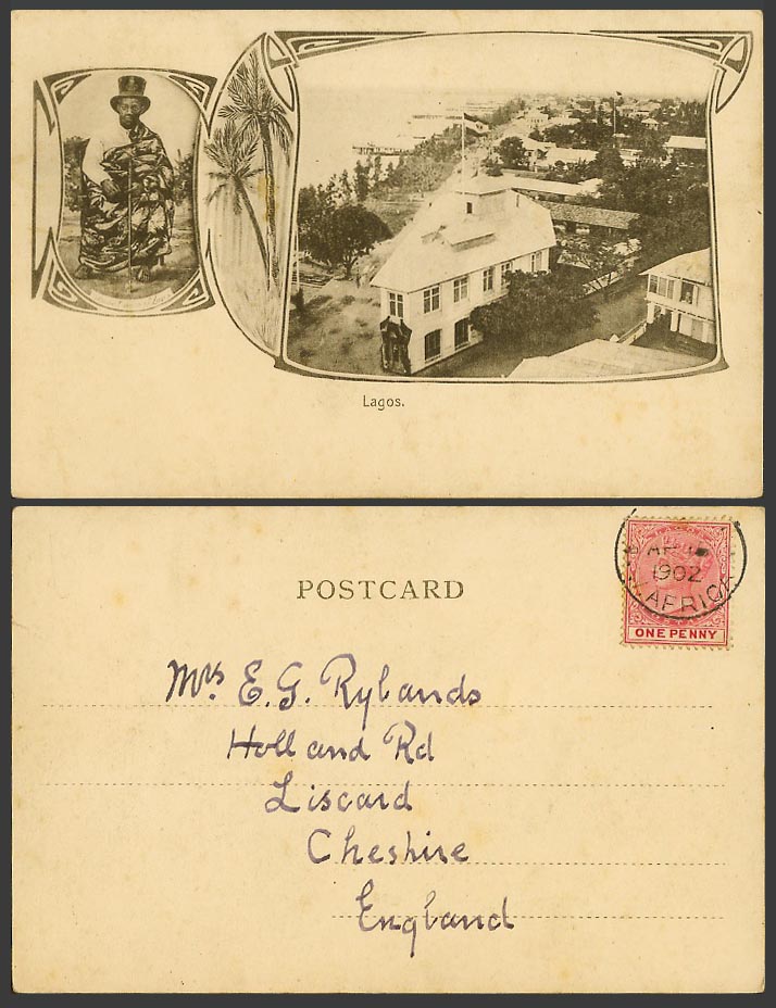Nigeria Lagos QV 1d 1902 Old UB Postcard Birds Eye View Flag, Native Man Top Hat