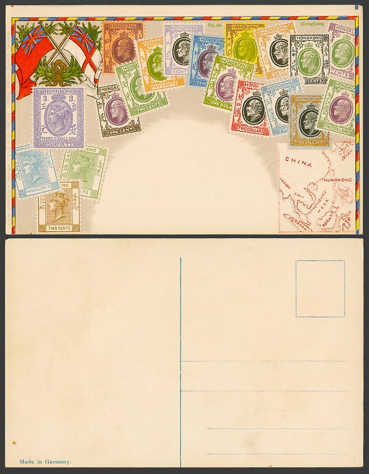 Hong Kong Map Flags Illustrated Vintage Stamps, Victoria Edward 7th Old Postcard