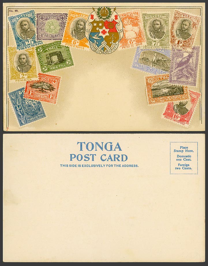 TOGA Tonga Vintage Stamps Illustration, Coat of Arms Map Stamp Card Old Postcard