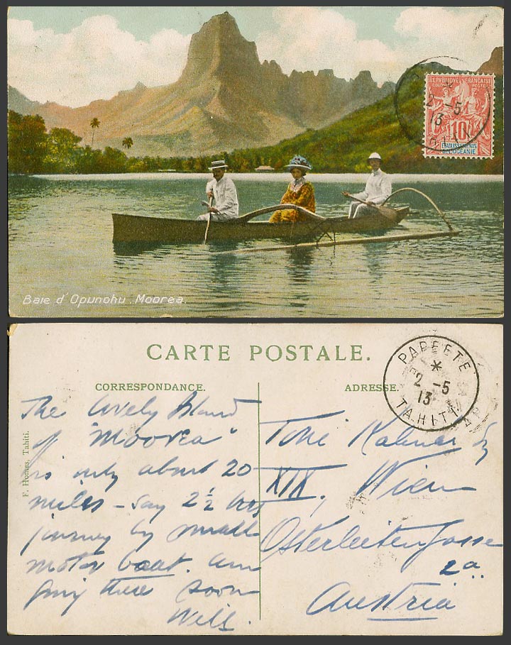 Tahiti 10c Papeete 1913 Old Postcard Baie d' Opunohu Bay Moorea Is. Boating Boat
