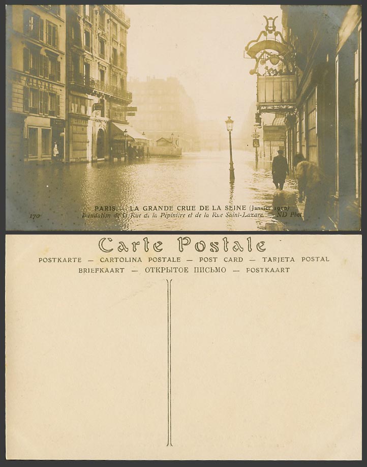 PARIS FLOOD 1910 Old Real Photo Postcard Rue de la Pepiniere Saint-Lazare Street
