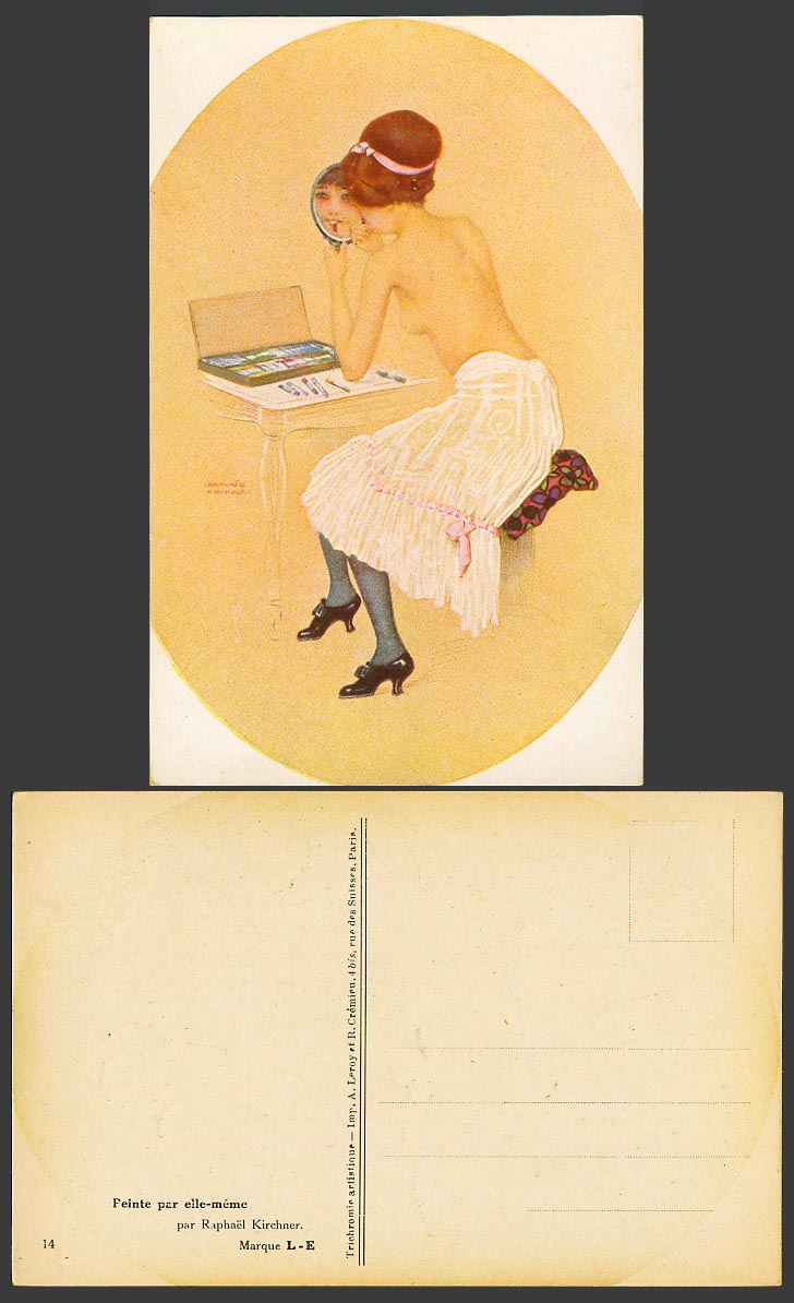 Raphael Kirchner Old Postcard Peinte par elle-meme Glamour Woman Mirror Lipstick