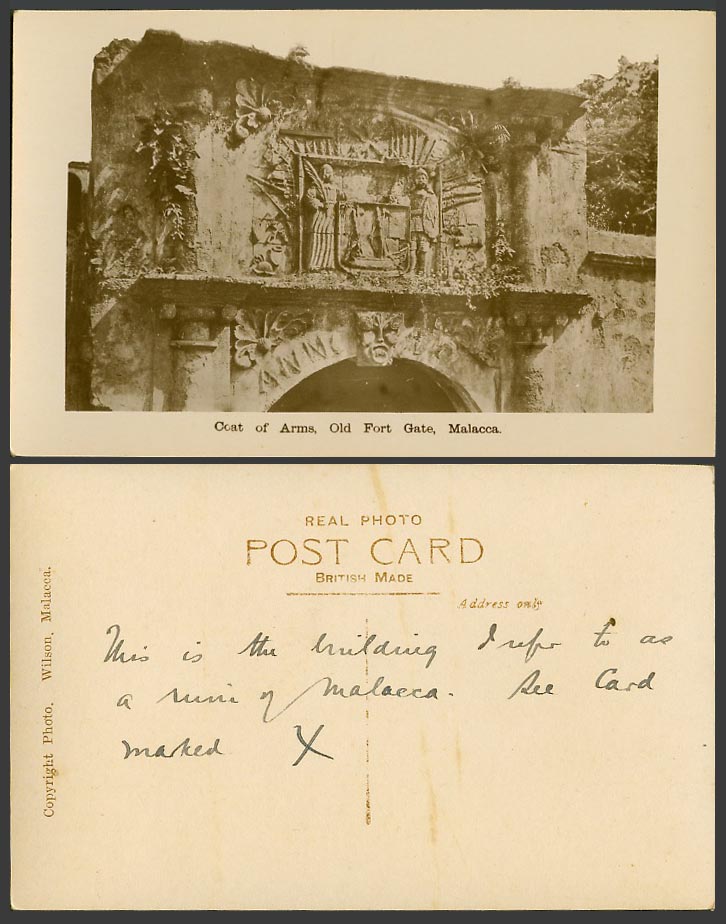 Malacca Vintage Real Photo Postcard Coat of Arms Old Fort Gate Fortress Entrance