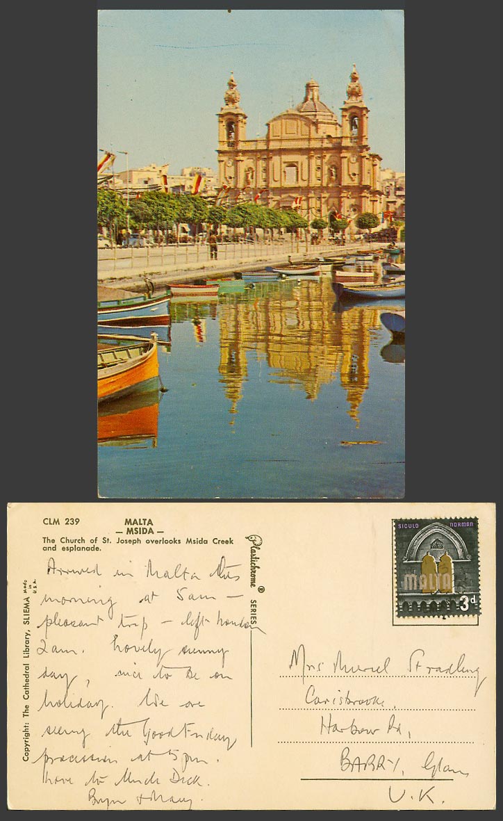 Malta 3d 1965 Old Postcard Church St. Joseph overlooks Msida Creek and Esplanade