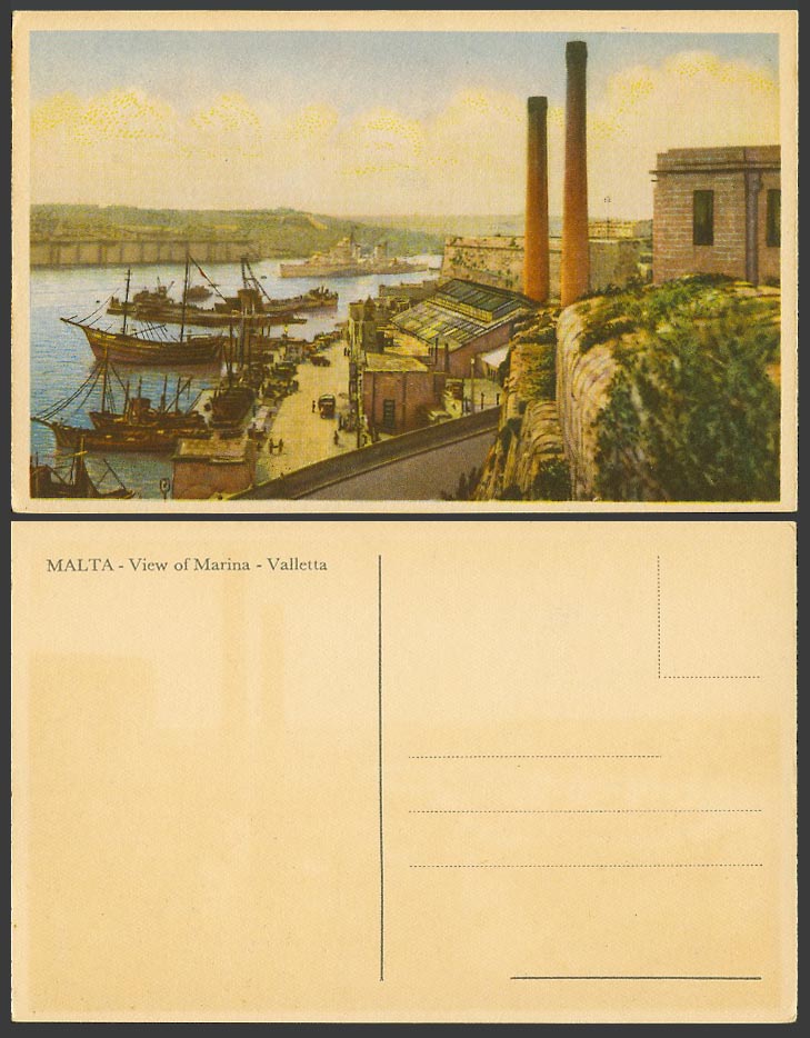 Malta Old Colour Postcard View of Marina, Valletta, Harbour Boats Ships Chimneys