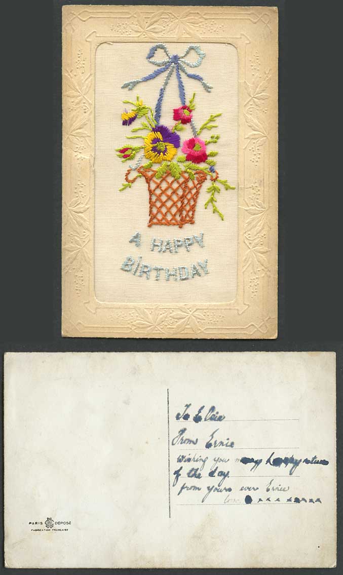 WW1 SILK Embroidered Old Postcard A Happy Birthday, Pansy Flowers Basket Novelty