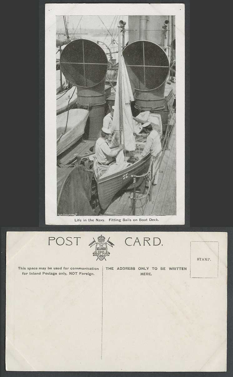 Life in the Navy, Fitting Sails on Boat Deck, Marine Seamen Warship Old Postcard