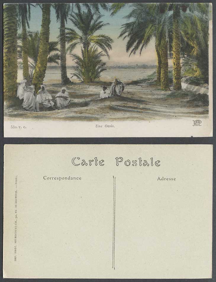 Algeria Old Hand Tinted Postcard Une Oasis, Palm Trees, Native Arab Men Resting