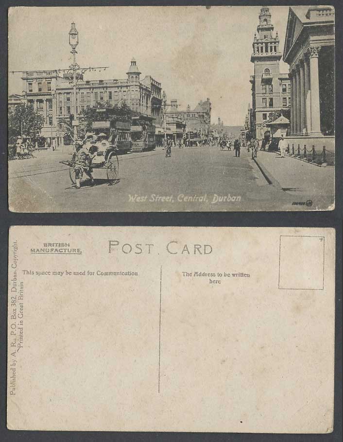 South Africa Durban Old Postcard West Street,0 Central, TRAM Ricksha Boy Cyclist