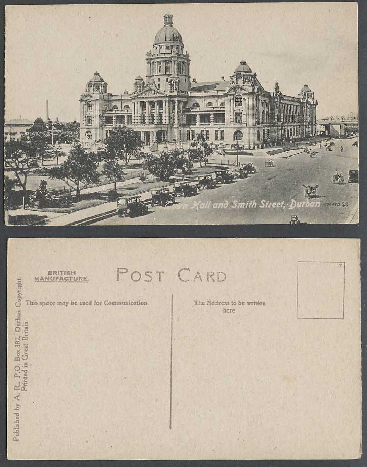South Africa Old Postcard Town Hall Smith Street Scene Vintage Motor Cars Garden