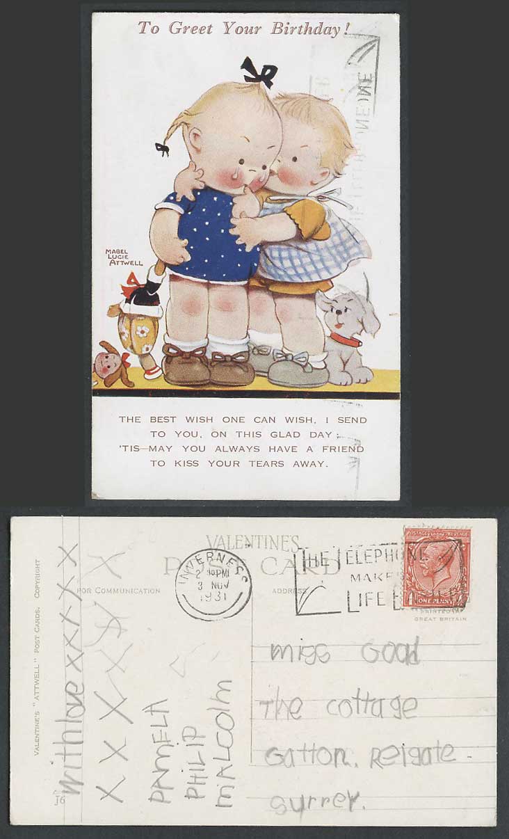 MABEL LUCIE ATTWELL 1931 Old Postcard Birthday, Friend Kiss Ur Tears Away Dog J6