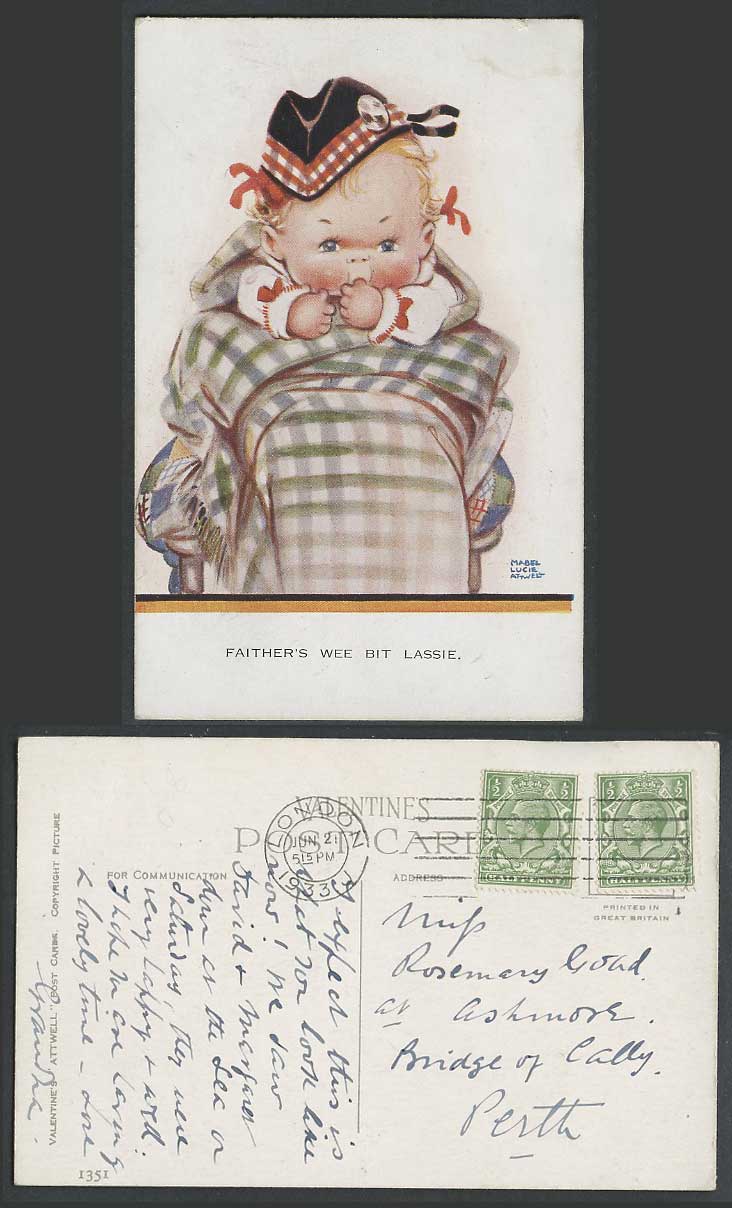 MABEL LUCIE ATTWELL 1933 Old Postcard Father Faither's Wee Bit Lassie Child 1351