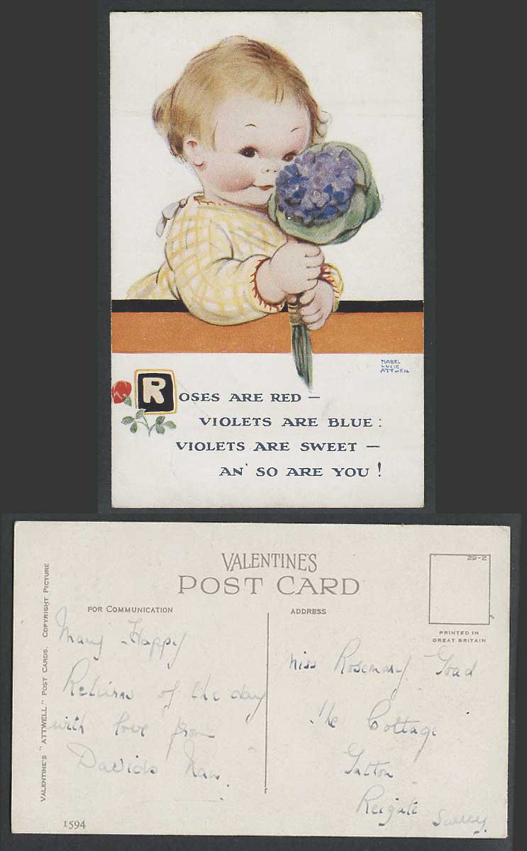 MABEL LUCIE ATTWELL Old Postcard Violets Flowers are Blue Sweet, So Are You 1594