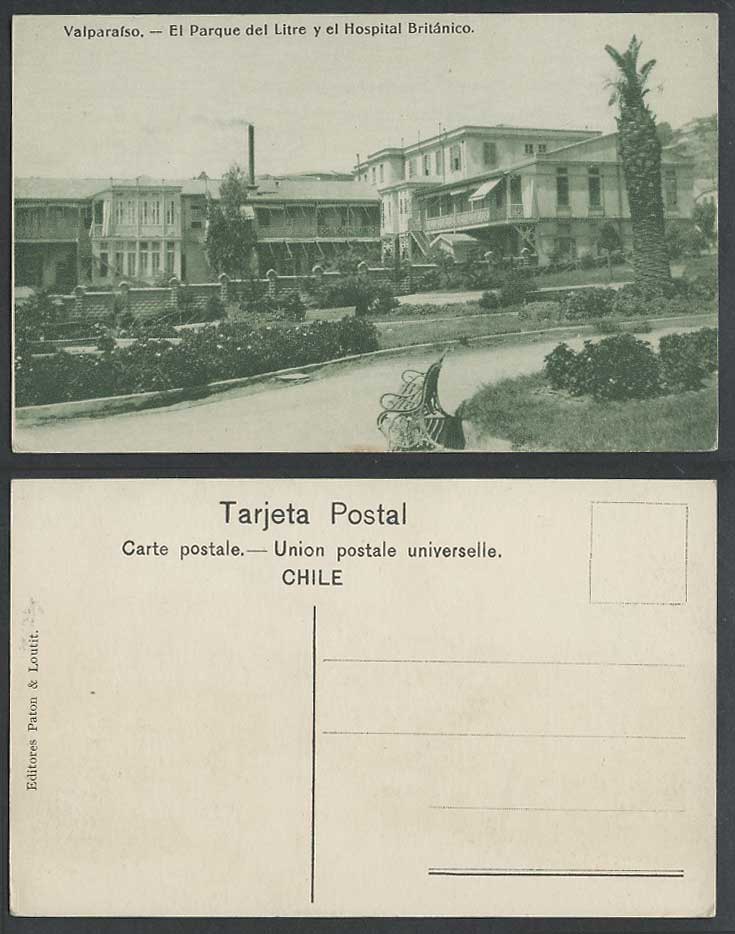 Chile Old Postcard Valparaiso Parque del Litre British Hospital Britanico & Park