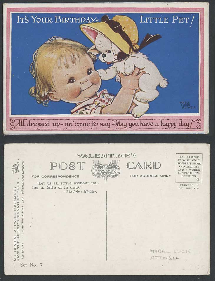 MABEL LUCIE ATTWELL Old Postcard It's Your Birthday Little Pet Dog Puppy Set N.7