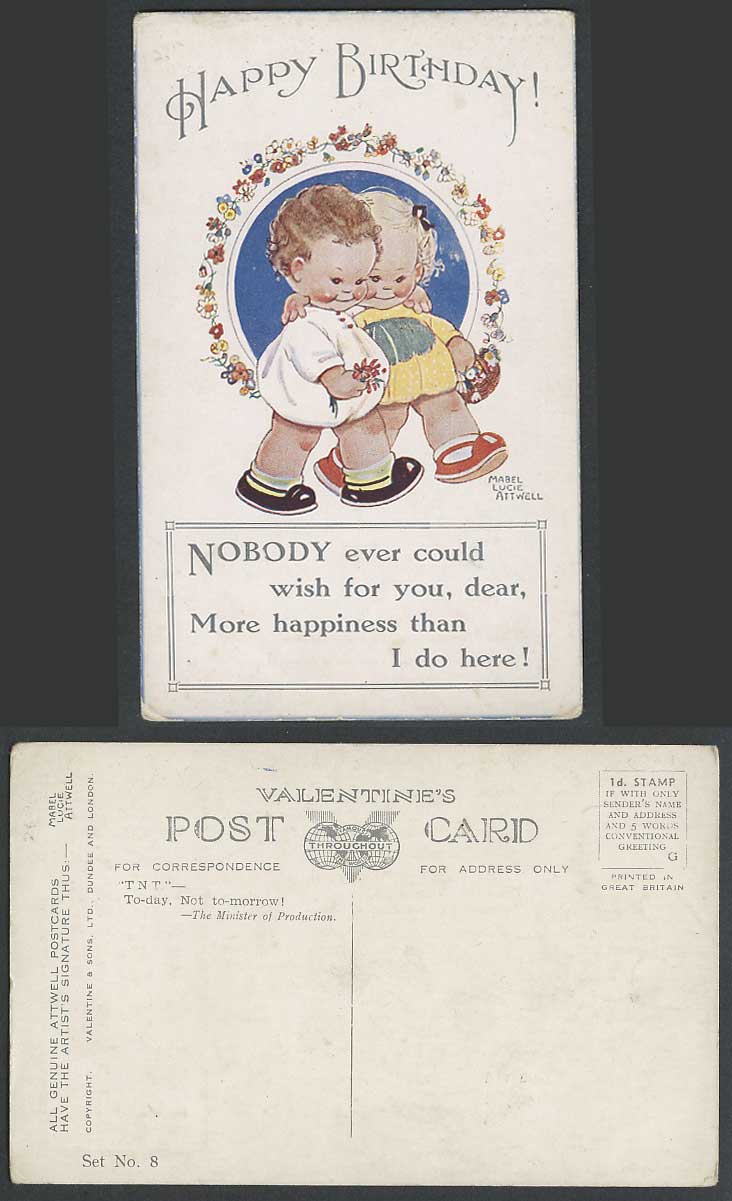 MABEL LUCIE ATTWELL Old Postcard Birthday, Nobody Wish More Happiness, Set No. 8