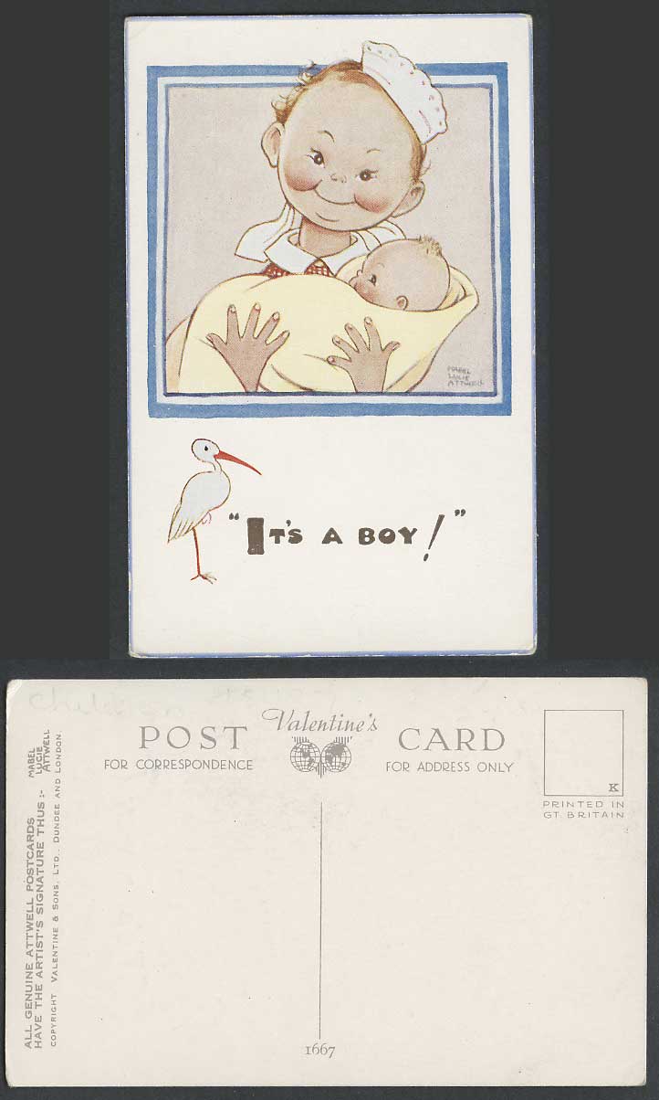 MABEL LUCIE ATTWELL Old Postcard It's A Boy Stork Bird Midwife Holding Baby 1667