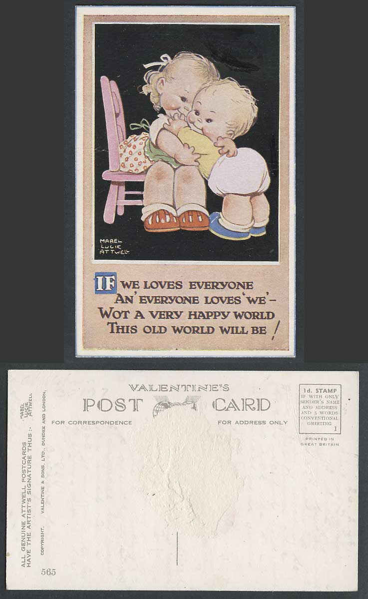 MABEL LUCIE ATTWELL Old Postcard Boy & Girl, Happy World If We Love Everyone 565