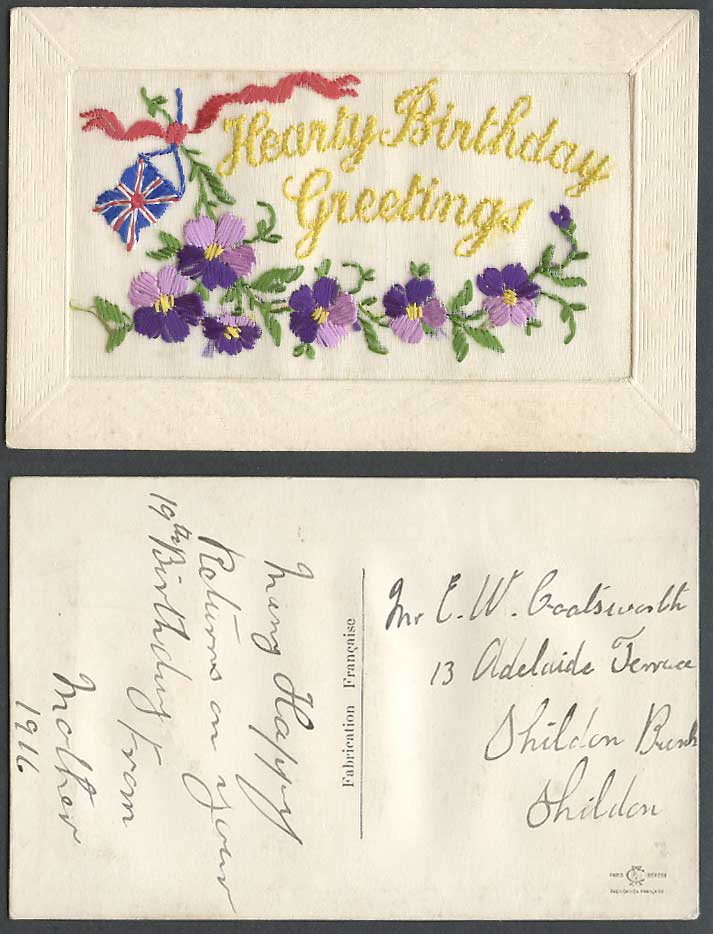 WW1 SILK Embroidered 1916 Old Postcard Hearty Birthday Greetings & British Flag