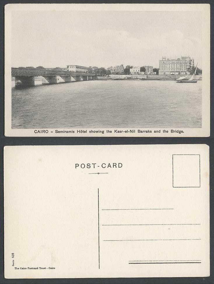 Egypt Old Postcard Cairo Semiramis Hotel shows Kasr-el-Nil Barracks, Bridge Boat
