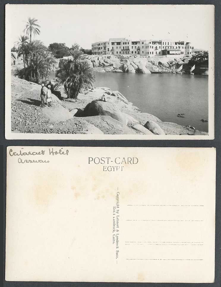 Egypt Old Real Photo Postcard Assuan CATARACT HOTEL Assouan Boats Palm Tree Rock