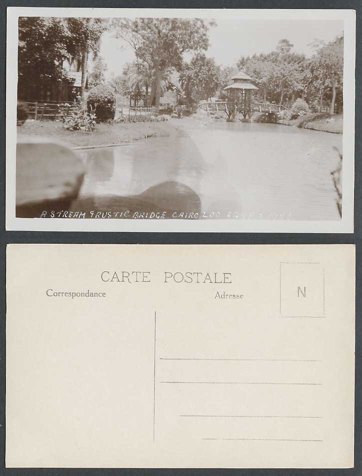 Egypt 1926 Old Photo Postcard Cairo Zoo A Stream & Rustic Bridge Zoological Gdns