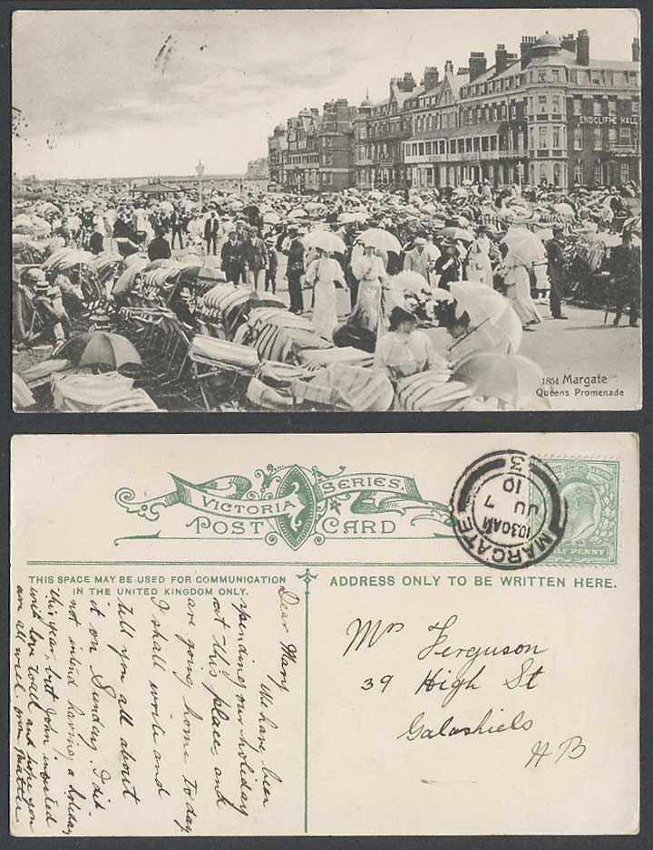 Margate 1910 Old Postcard Queens Promenade, Crowded Street Scene, Endcliffe Hall