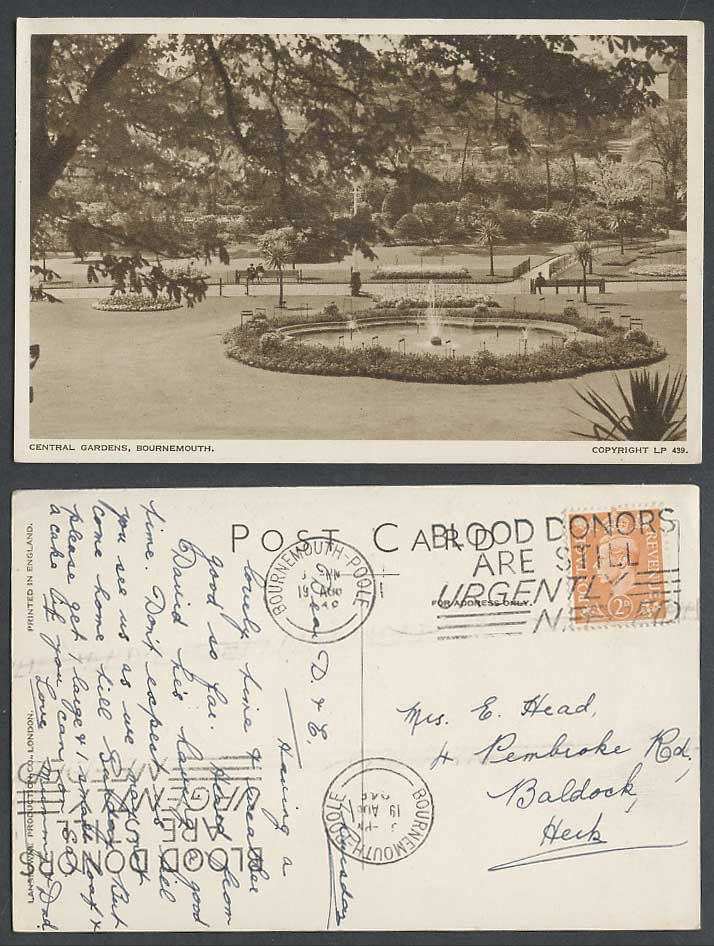 Bournemouth 1948 Old Postcard Central Gardens Fountain Blood Donor Urgent Needed